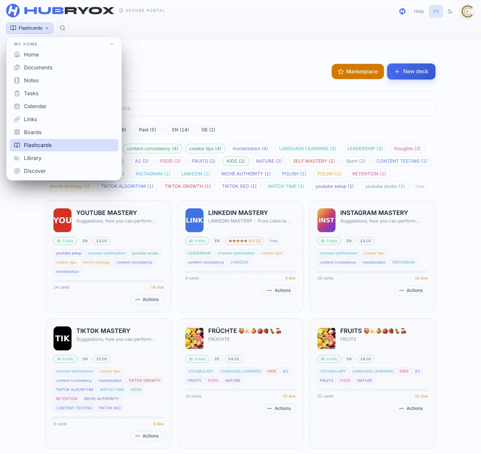 Deck overview with tags & marketplace