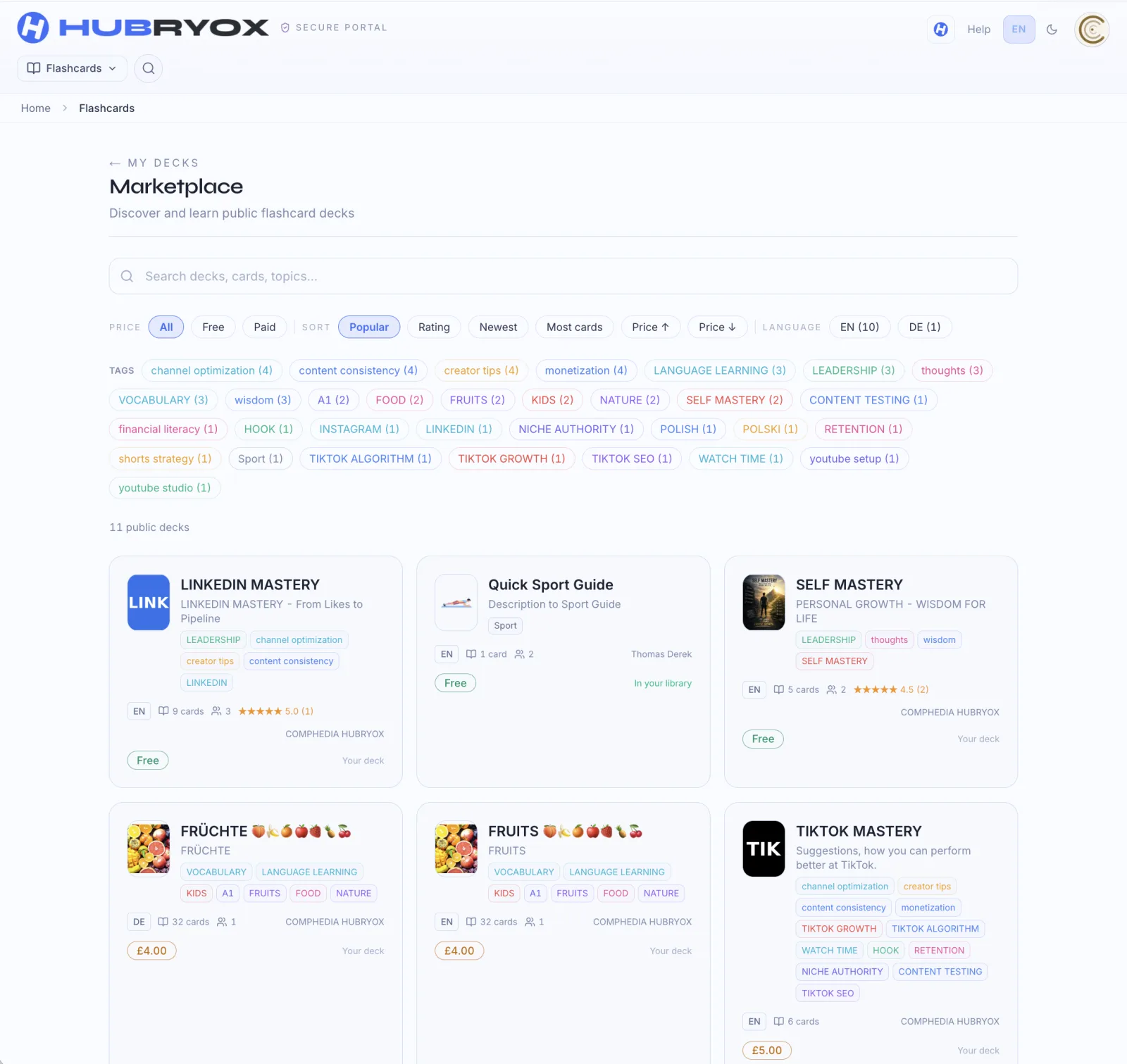 Marketplace for decks